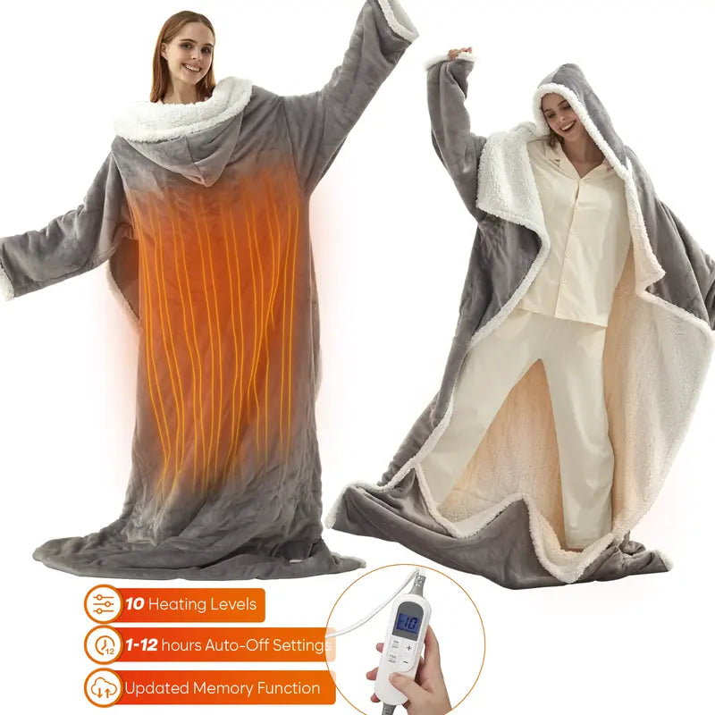 Wearable Electric Heated Blanket with Sleeves, Hood & Foot Pockets – Full-Body Warmth Anywhere