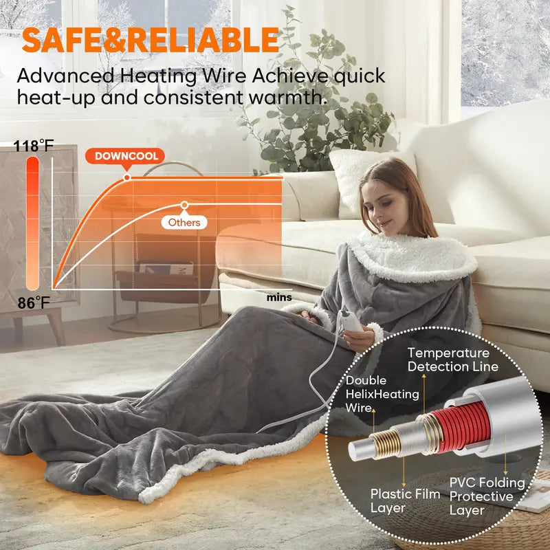 Wearable Electric Heated Blanket with Sleeves, Hood & Foot Pockets – Full-Body Warmth Anywhere
