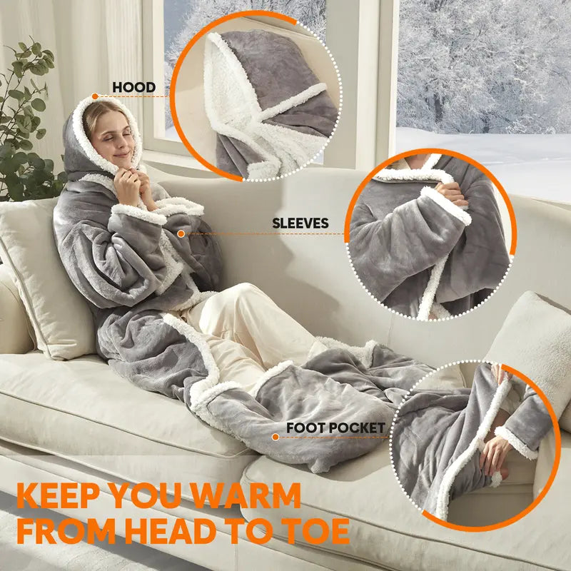 Wearable Electric Heated Blanket with Sleeves, Hood & Foot Pockets – Full-Body Warmth Anywhere